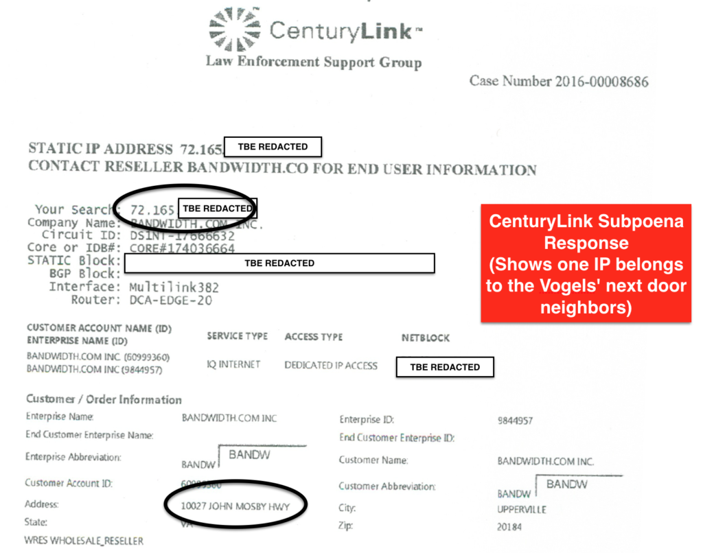 CenturyLink Subpoena Responses - Revised Redactions