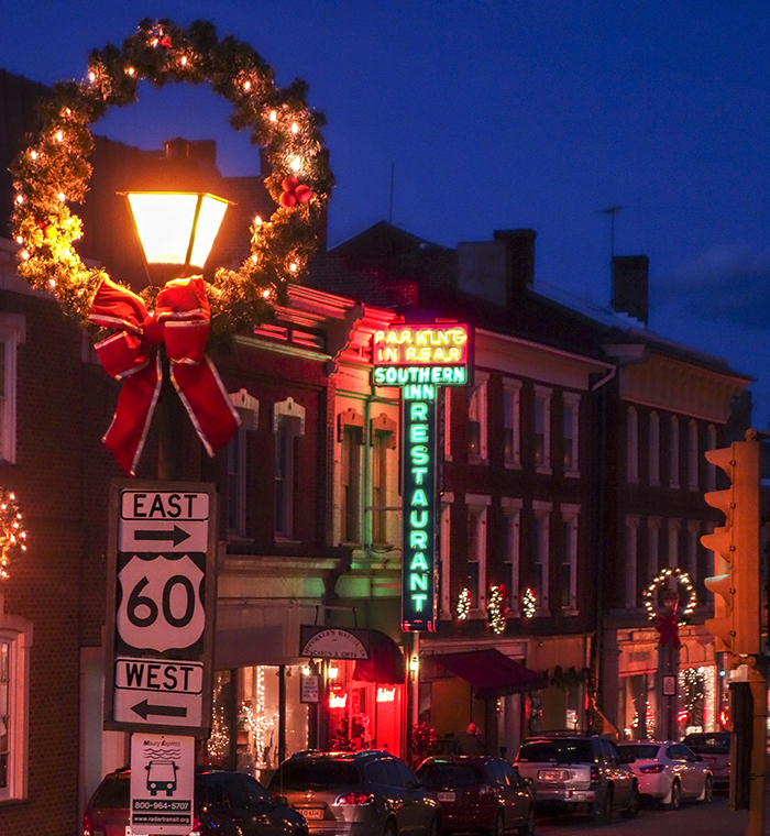 Downtown Lexington decorated for the holidays. Virginia Tourism Corporation, www.Virginia.org