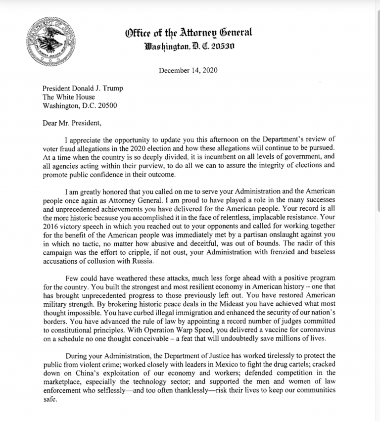 Attorney General Bill Barr’s resignation letter – The Bull Elephant