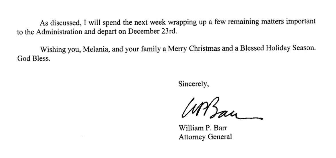 Attorney General Bill Barr’s resignation letter – The Bull Elephant