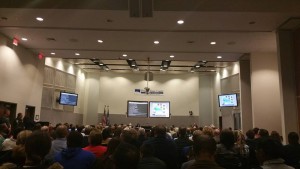Packed attendance at a school board meeting