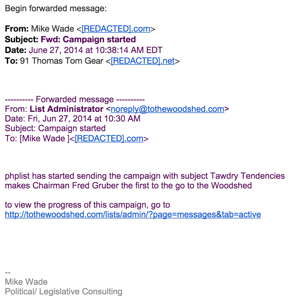 Wade email to Gear showing involvement with the 'Woodshed' campaign